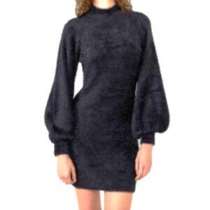 Bardot Black Mini Dress Furry Balloon Bell Sleeves Mock Neck Ribbed Trim Cozy M